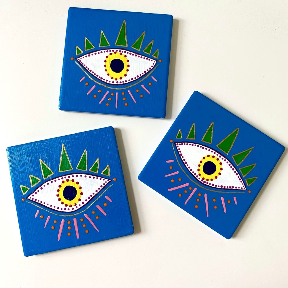LAST CHANCE SALE! SET OF 3 Evil Eye Coasters Colorful Blue Boho Home Decor